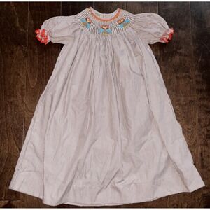 Remember‎ Nguyen Smocked Bishop Dress Size 5 Owl Brown Striped Puff Sleeve